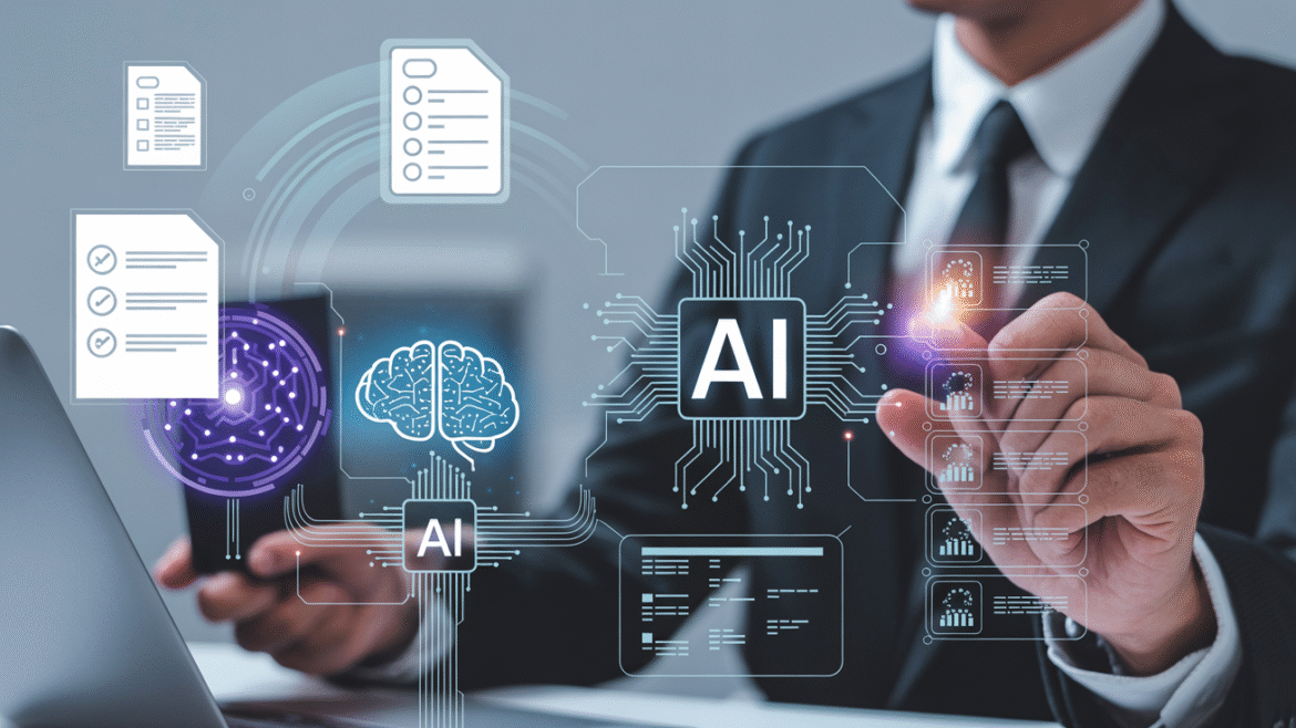 Moderne Business-Illustration zeigt KI-gestützte Beschaffung mit digitalen Workflows, Dokumenten-Icons und Mensch-KI-Kollaboration