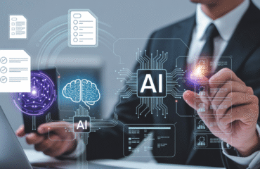 Moderne Business-Illustration zeigt KI-gestützte Beschaffung mit digitalen Workflows, Dokumenten-Icons und Mensch-KI-Kollaboration