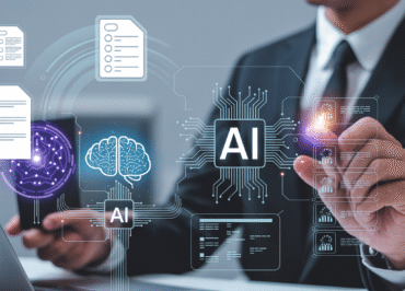 Moderne Business-Illustration zeigt KI-gestützte Beschaffung mit digitalen Workflows, Dokumenten-Icons und Mensch-KI-Kollaboration