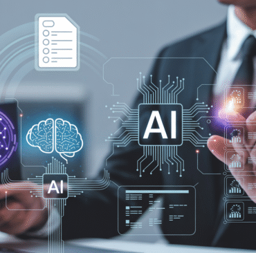 Moderne Business-Illustration zeigt KI-gestützte Beschaffung mit digitalen Workflows, Dokumenten-Icons und Mensch-KI-Kollaboration