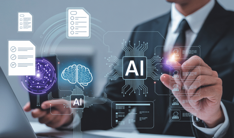 Moderne Business-Illustration zeigt KI-gestützte Beschaffung mit digitalen Workflows, Dokumenten-Icons und Mensch-KI-Kollaboration