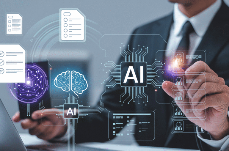 Moderne Business-Illustration zeigt KI-gestützte Beschaffung mit digitalen Workflows, Dokumenten-Icons und Mensch-KI-Kollaboration