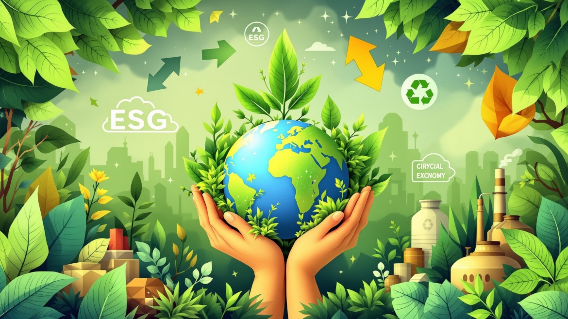 Corporate Sustainability & ESG - Modern illustration with green leaves, circular economy symbols, globe, and sustainable materials representing environmental responsibility