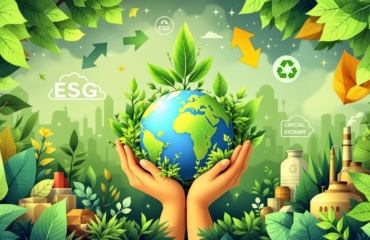 Corporate Sustainability & ESG - Modern illustration with green leaves, circular economy symbols, globe, and sustainable materials representing environmental responsibility