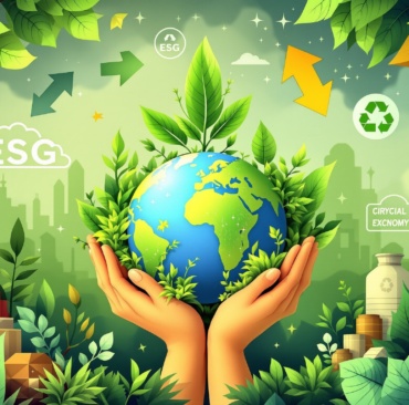 Corporate Sustainability & ESG - Modern illustration with green leaves, circular economy symbols, globe, and sustainable materials representing environmental responsibility