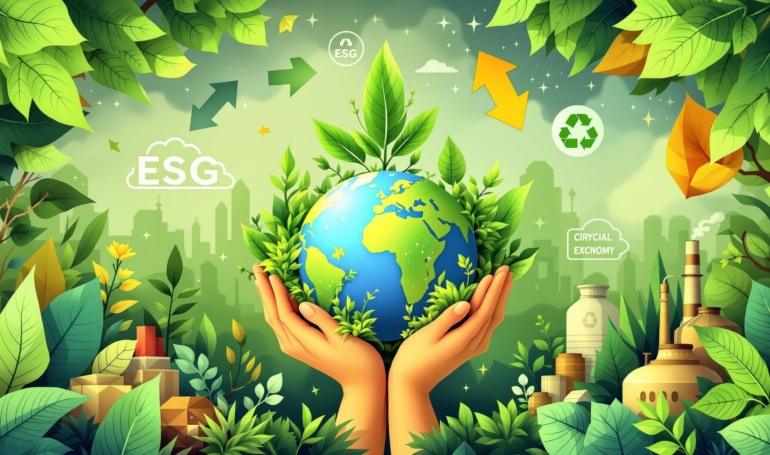 Corporate Sustainability & ESG - Modern illustration with green leaves, circular economy symbols, globe, and sustainable materials representing environmental responsibility
