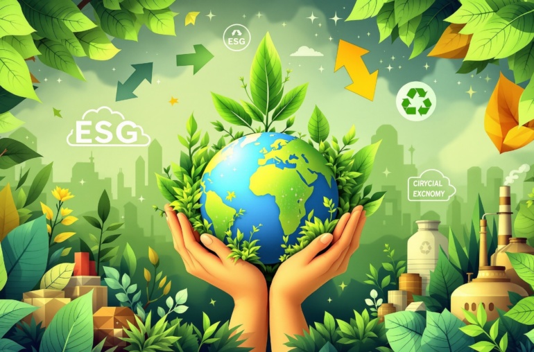 Corporate Sustainability & ESG - Modern illustration with green leaves, circular economy symbols, globe, and sustainable materials representing environmental responsibility