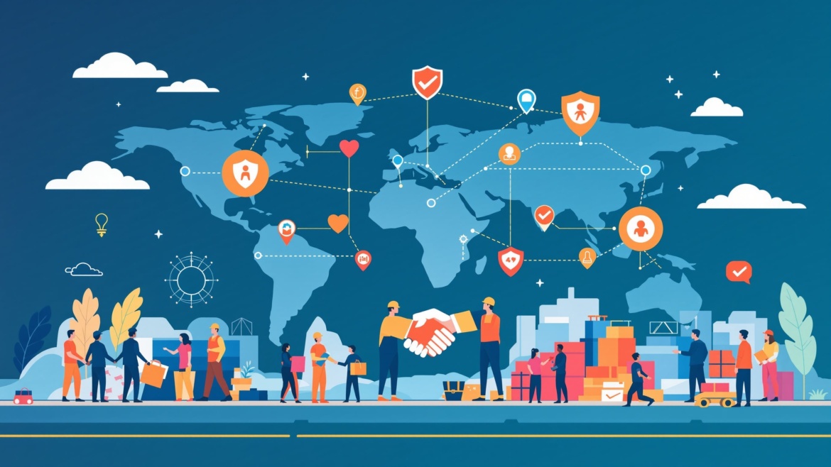 Human rights and ethical supply chain illustration with global connections and worker symbols