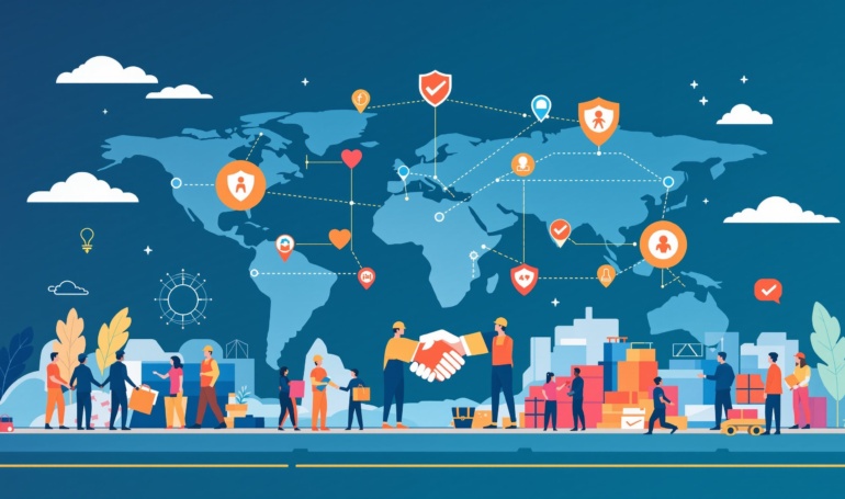 Human rights and ethical supply chain illustration with global connections and worker symbols