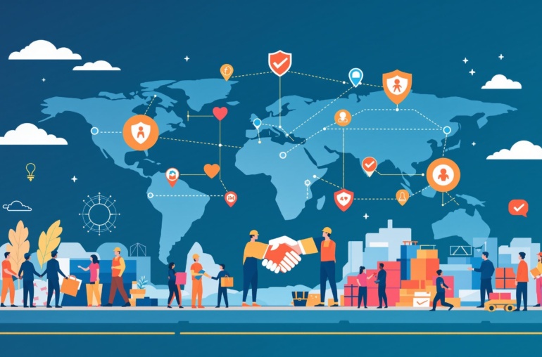 Human rights and ethical supply chain illustration with global connections and worker symbols