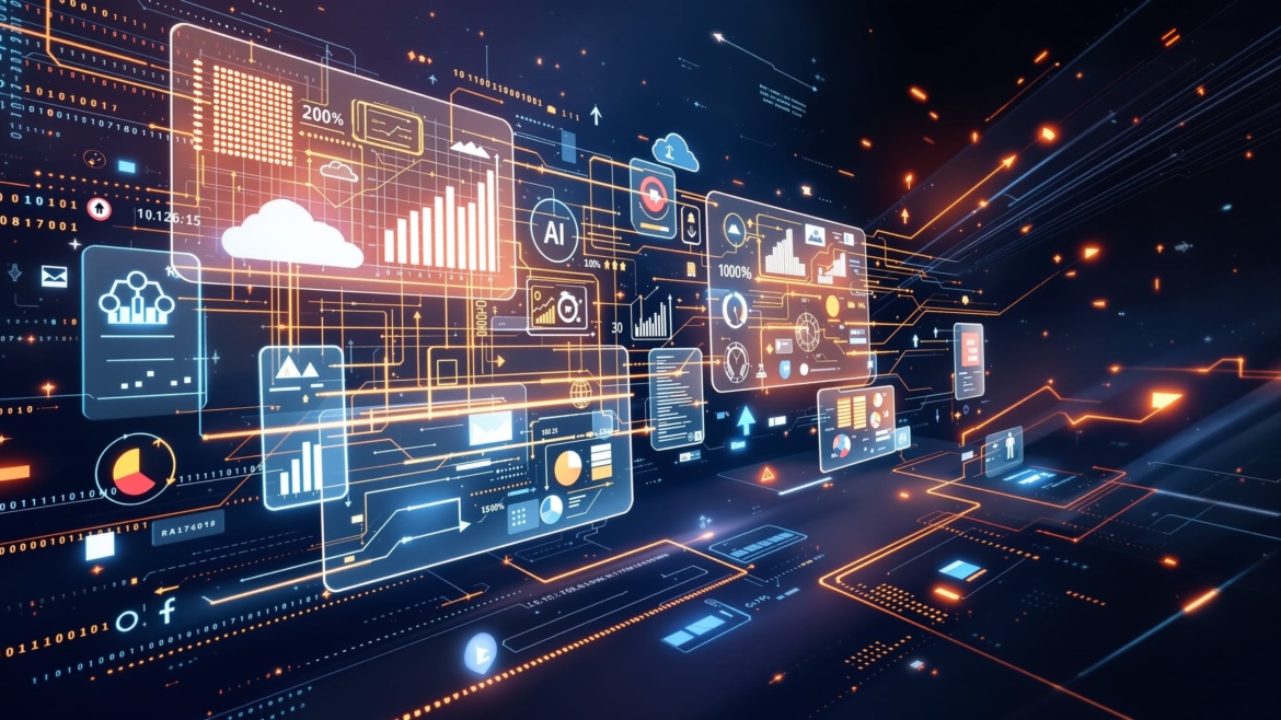 Corporate technology and digital transformation illustration with analytics dashboards and data flows