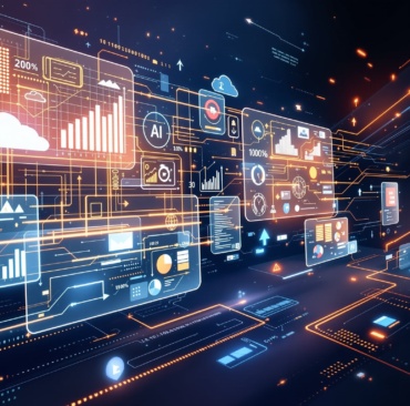 Corporate technology and digital transformation illustration with analytics dashboards and data flows