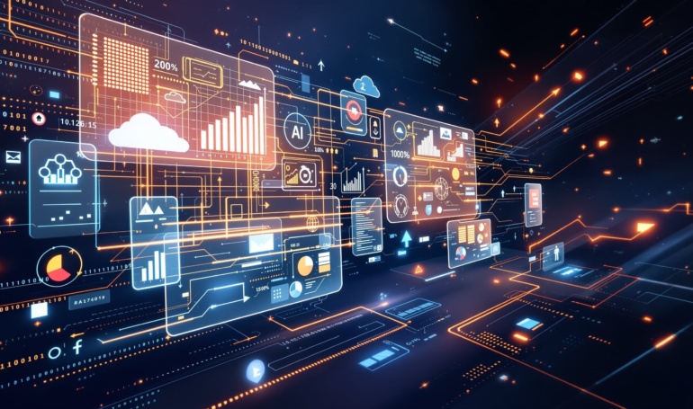 Corporate technology and digital transformation illustration with analytics dashboards and data flows