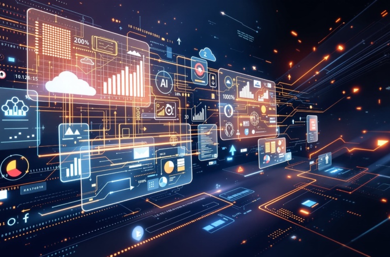 Corporate technology and digital transformation illustration with analytics dashboards and data flows