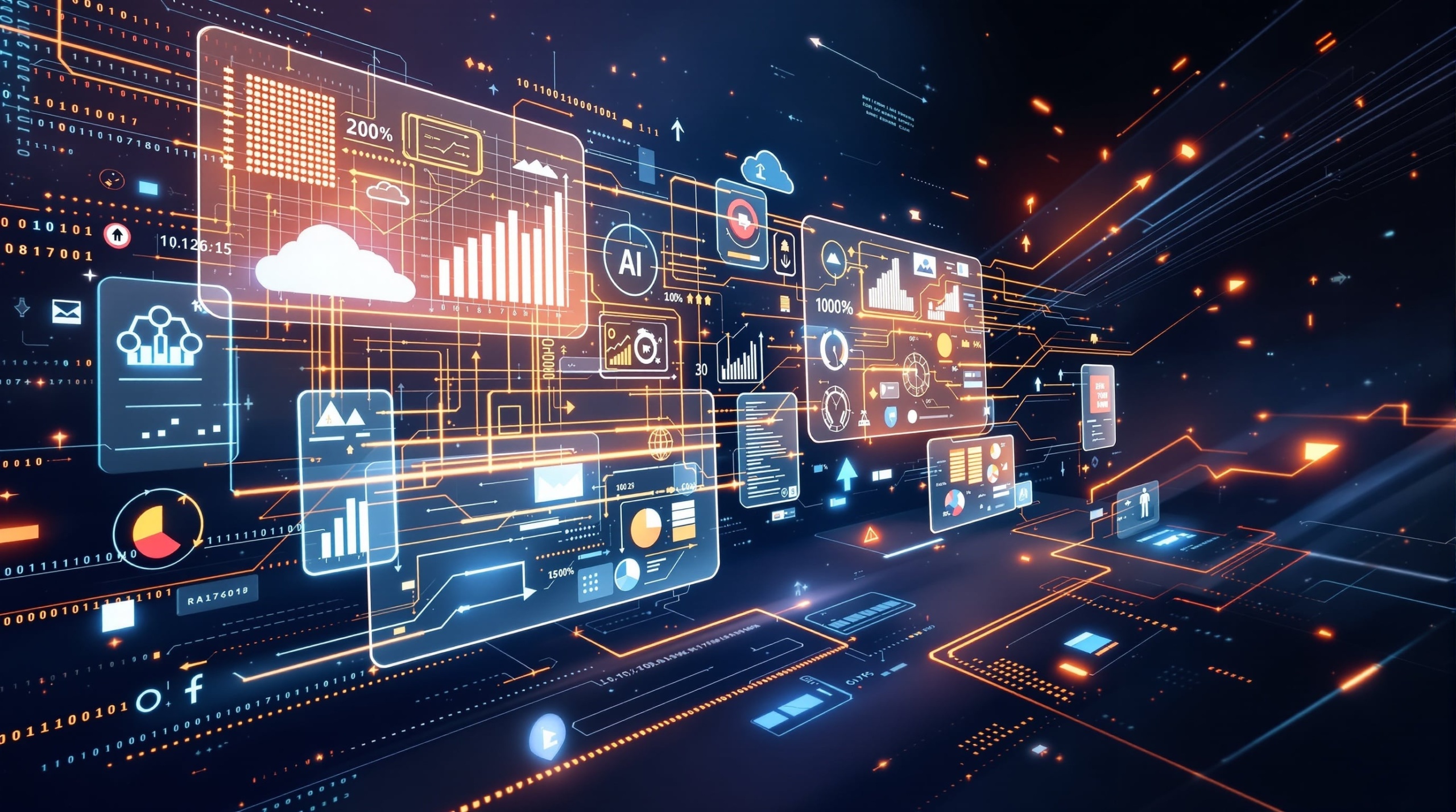 Corporate technology and digital transformation illustration with analytics dashboards and data flows